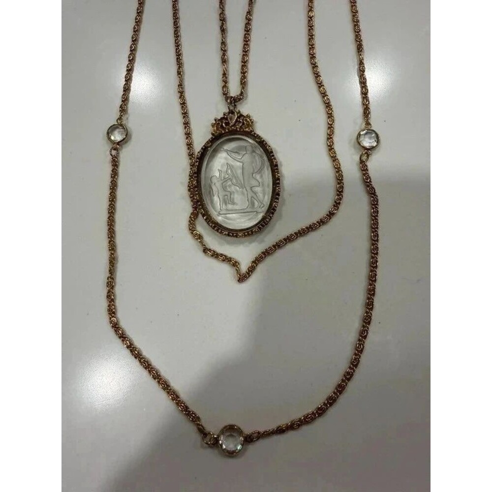 Vtg 3 Strand Goldette Intaglio Crystal Cameo Necklace Bezel Carved Gold Toned